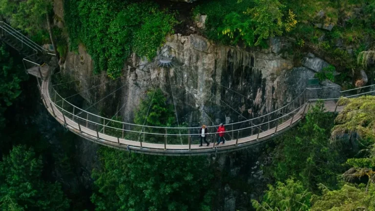 Two people walk on a curved suspension bridge attached to a rocky cliff, surrounded by dense green foliage—a breathtaking spot often featured on sightseeing tours