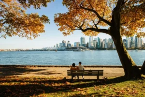 Two people sit on a bench under autumn trees, overlooking a city skyline and water on a sunny day.