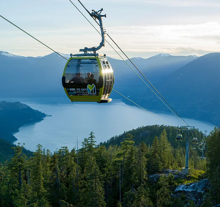 A gondola cabin glides above a forested mountain slope, offering breathtaking views of the lake and distant peaks—a perfect choice for unforgettable sightseeing tours