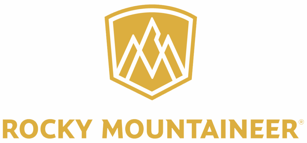 Rocky Mountaineer logo featuring a stylized mountain inside a shield above the text "ROCKY MOUNTAINEER" in bold gold letters, representing unforgettable sightseeing tours by train.