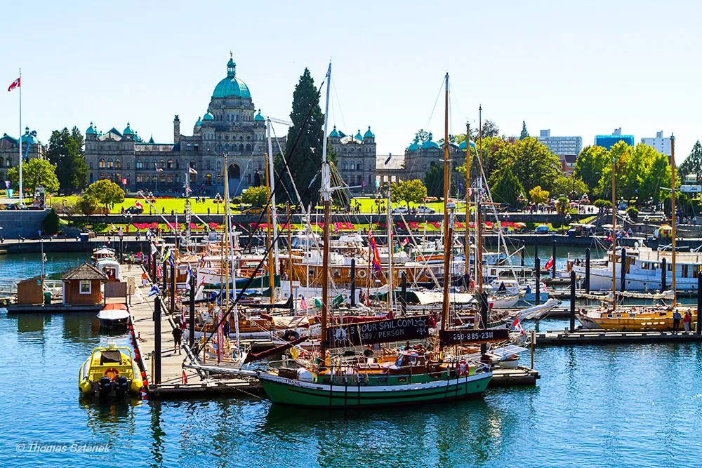 Boats are docked in a marina with green lawns and a large historic building in the background on a sunny day.