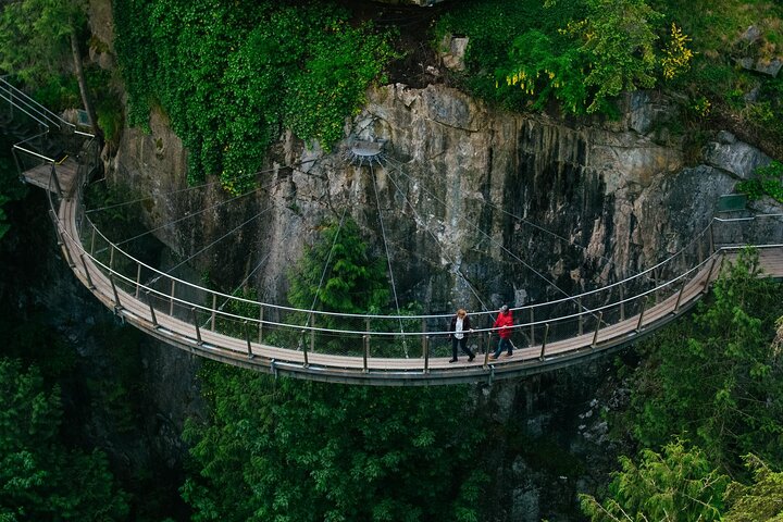 Two people stand on a curved suspension bridge surrounded by lush greenery and rocky cliffs