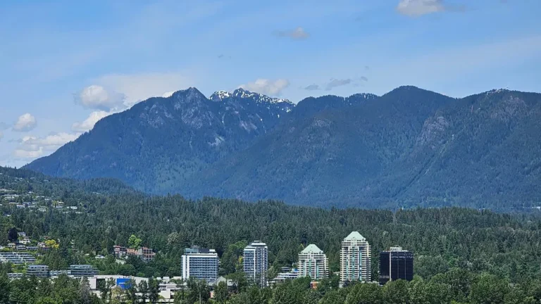 A cityscape with several mid-rise buildings surrounded by dense trees, set against a backdrop of forested mountains under a partly cloudy sky