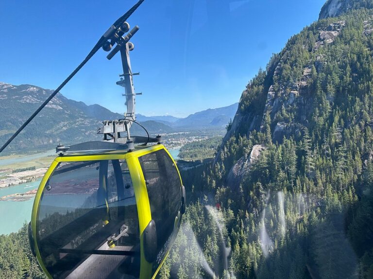 A yellow cable car travels above a forested mountain landscape, offering breathtaking views of the river and clear blue sky—perfect for unforgettable Sightseeing Tours Whistler