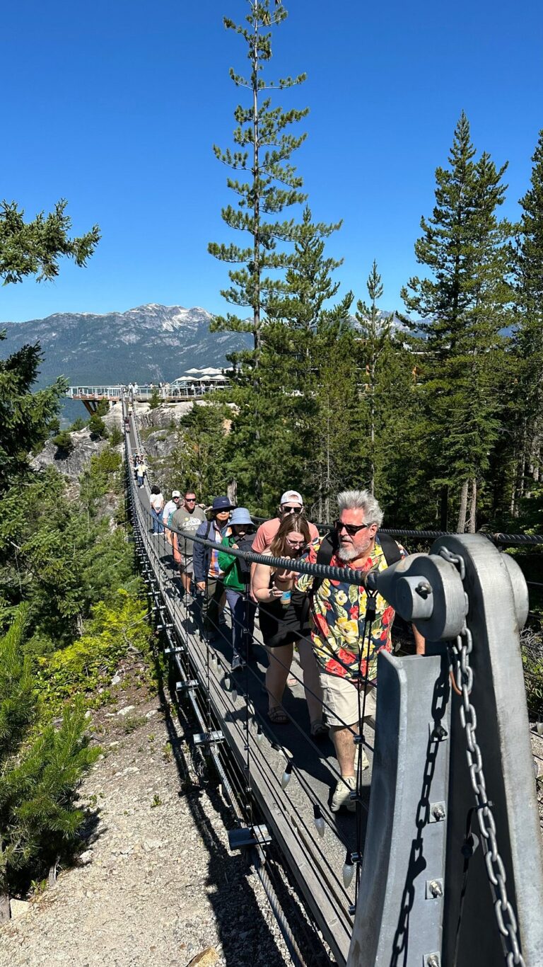 A group of people walk across a suspended footbridge surrounded by trees and mountains under a clear blue sky, enjoying one of the unforgettable sightseeing tours Whistler has to offer