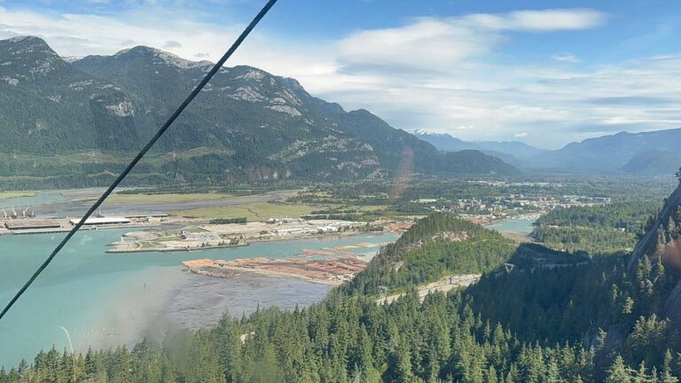A wide view of a river with log booms, industrial buildings, and forested mountains under a partly cloudy sky—perfect for those on Sightseeing Tours Whistler seeking breathtaking natural and industrial scenery