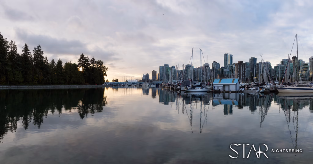 Boats docked in a marina with high-rise buildings and trees reflected in calm water under a cloudy sky at sunset. Star Sightseeing logo is visible in the corner.