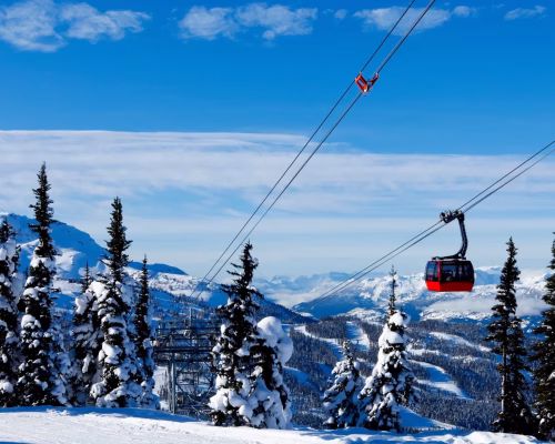 A red gondola travels above snowy pine trees in a mountainous winter landscape under a blue sky.