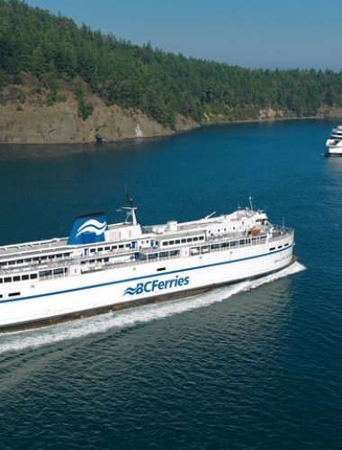 Two BC Ferries vessels travel through blue water near a forested coastline on a clear, sunny day.
