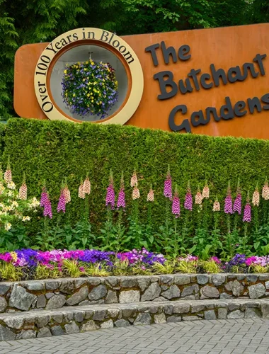 A large sign reading “The Butchart Gardens” and “Over 100 Years in Bloom” stands behind a manicured hedge, colorful flowers, and a stone border.