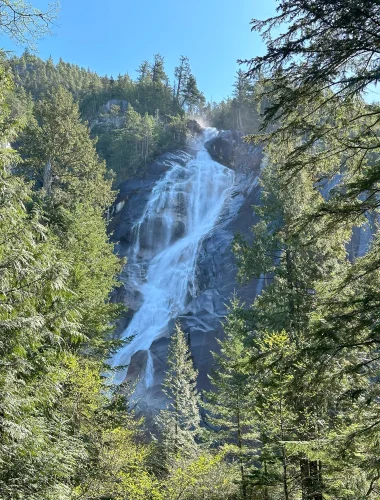 A tall waterfall cascades down a rocky cliff surrounded by green trees and forest under a clear blue sky.