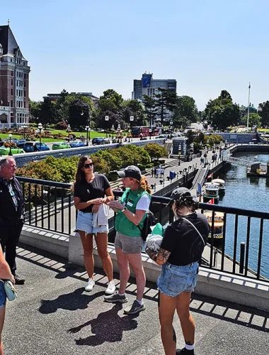 A group of people stands on a waterfront path overlooking a marina, with historic buildings and parked cars visible in the background on a sunny day.
