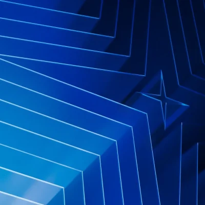 Abstract blue background with geometric lines forming layered star shapes, creating a sense of depth and dimension.
