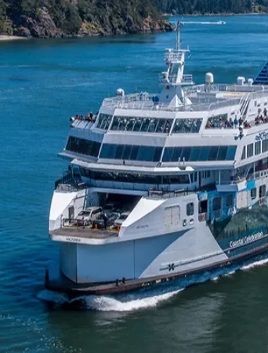 A large passenger ferry named Coastal Celebration travels through a blue waterway, surrounded by green, forested shoreline.