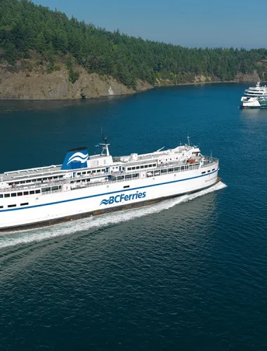 Two BC Ferries vessels travel in opposite directions on blue water near a forested shoreline under a clear sky.