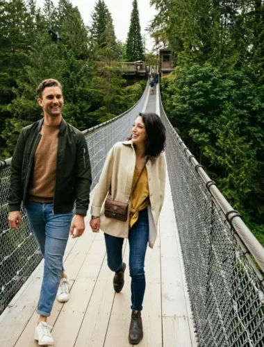 Two people walk and smile on a suspension bridge surrounded by dense green forest.