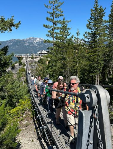 A group of people walk across a suspended footbridge surrounded by trees and mountains under a clear blue sky, enjoying one of the unforgettable sightseeing tours Whistler has to offer.
