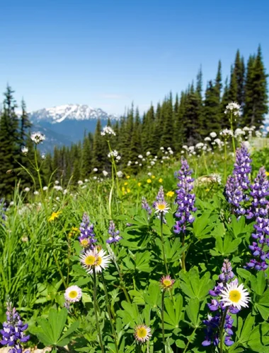 A mountain meadow with wildflowers in bloom, including purple lupines and white daisies, surrounded by evergreen trees and a snow-capped peak in the distance under a clear blue sky.