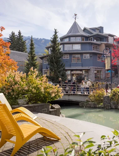 Two yellow chairs face a small pond with a footbridge, colorful autumn trees, and a multi-story building in the background.